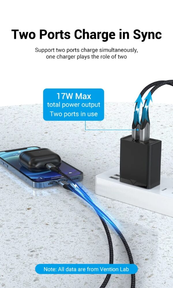 VENTION 20W USB-C & USB-A Fast Charger PD 20W & QC 18W (Black) US Plug - Image 5