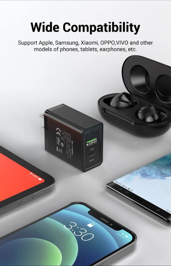 VENTION 20W USB-C & USB-A Fast Charger PD 20W & QC 18W (Black) US Plug - Image 7