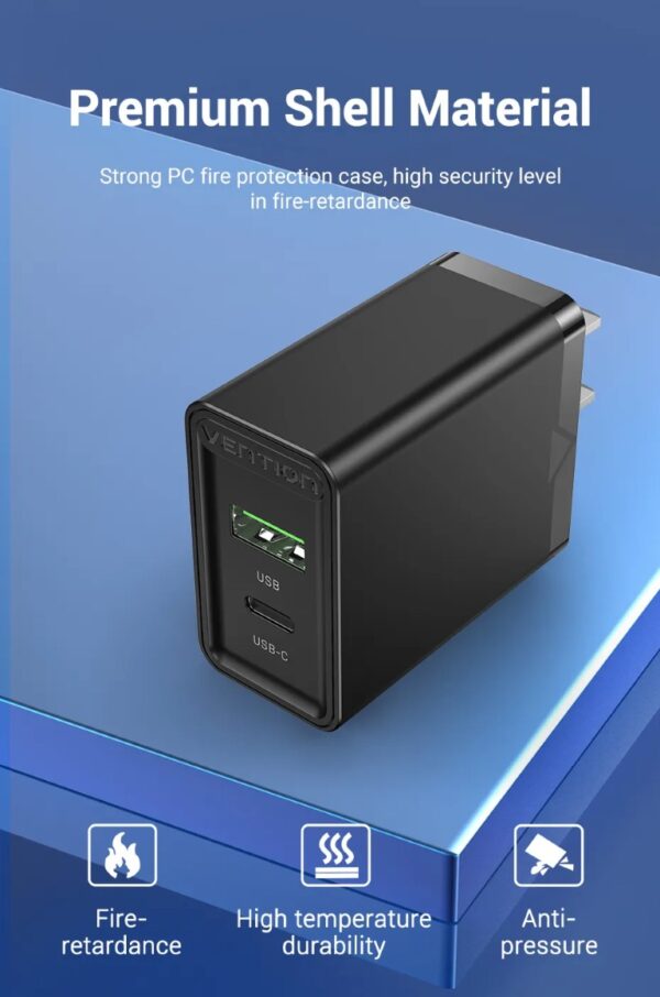 VENTION 20W USB-C & USB-A Fast Charger PD 20W & QC 18W (Black) US Plug - Image 9