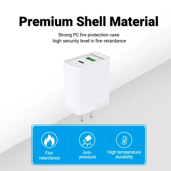 VENTION 20W USB-C & USB-A Fast Charger PD 20W & QC 18W (White) US Plug - Image 7
