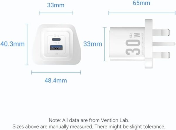 VENTION FEQW0-UK GaN III 30W Fast Wall Charger 2-Port USB (White) UK Plug - Image 3