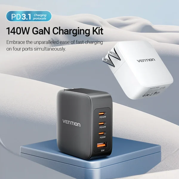 VENTION FEIB0-EU 140W PD3.1 Fast Charging 4-Port USB GaN Charging Kit (EU Plug) - Image 2
