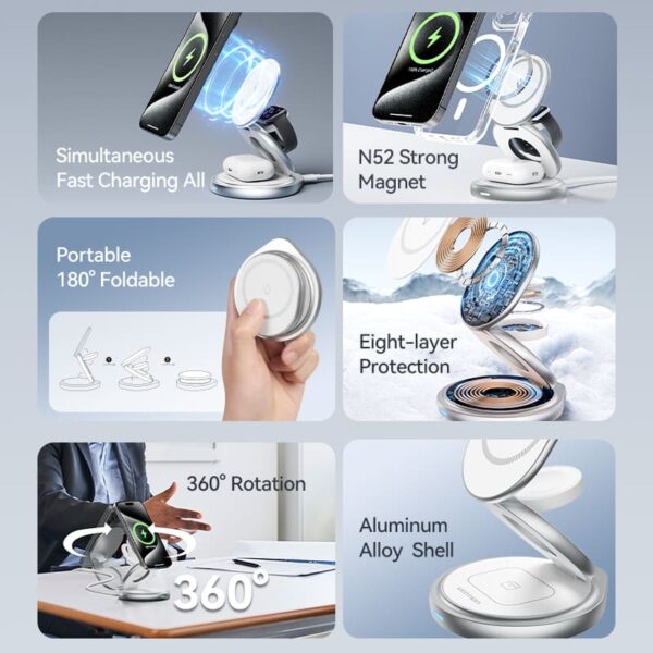 VENTION FGEI0 3-in-1 15W Wireless Charger 360° Rotating Stand with MagSafe - Image 3