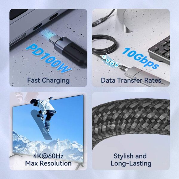 VENTION TRFBD USB 3.2 Gen2 Type-C Extension Cable (0.5 Meter) 10Gbps, 5A, 4K@60Hz - Image 3