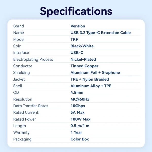 VENTION TRFBD USB 3.2 Gen2 Type-C Extension Cable (0.5 Meter) 10Gbps, 5A, 4K@60Hz - Image 13