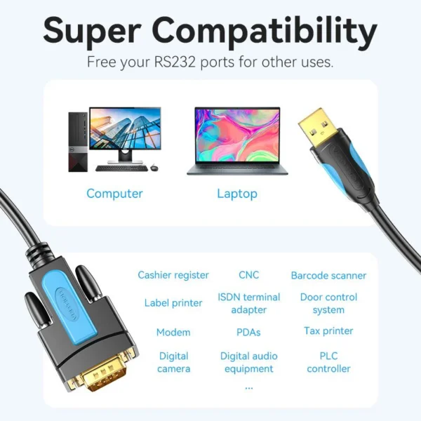 VENTION USB to Serial RS232 DB9 Adapter Cable (2 Meter) Gold Platted Connector - Image 2