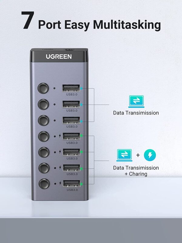 UGREEN 90307 7-Port USB 3.0 Hub with Smart Charging (Aluminum) 12V/2A Adapter - Image 6