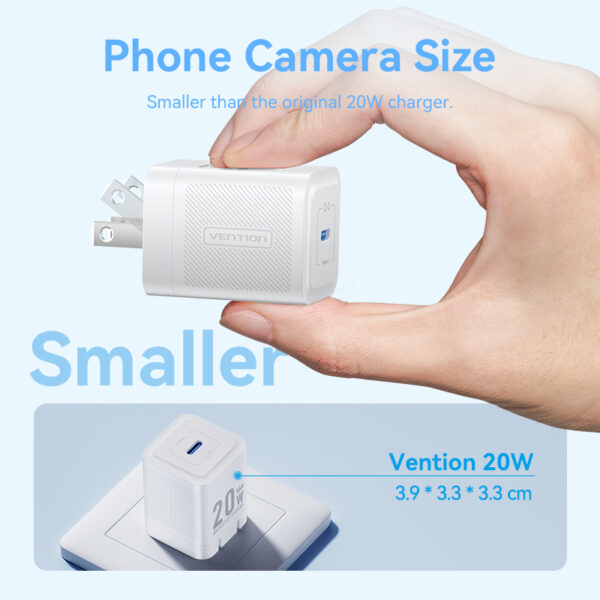 VENTION 20W GaN Fast Mini Charger (US/EU/UK Plug) PD3.0, QC3.0 USB-C Wall Charger  for iPhone 16/15/14 Pro Max, Samsung S25/S24 Ultra - Image 5