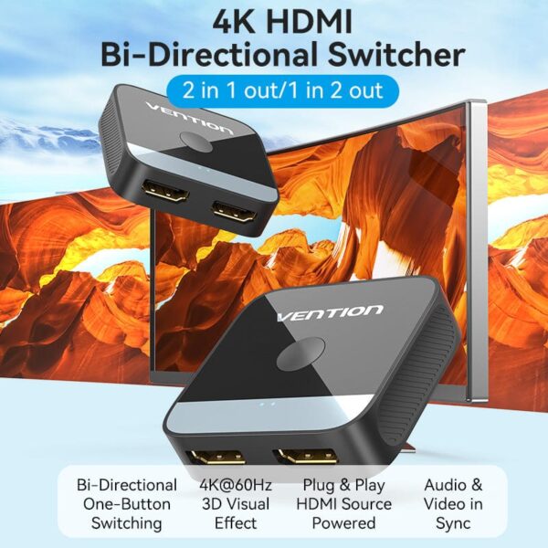 VENTION AKOB0 HDMI 2 In 1 Out 4K@60Hz Bi-Directional HDMI Switcher - Image 3