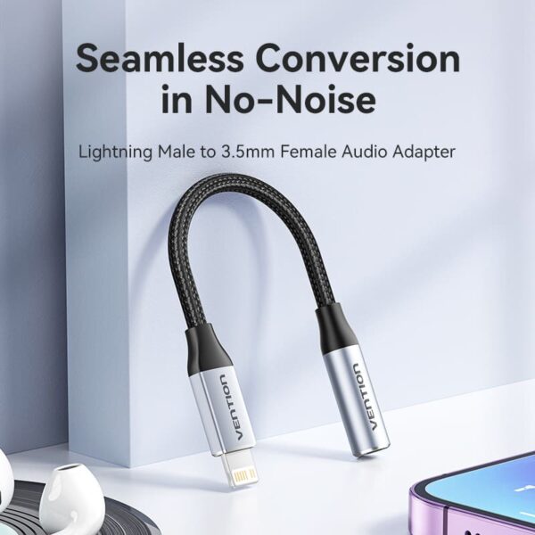 VENTION BMBHA Lightning to 3.5mm Audio Adapter (Gray) Cotton Braided, Aluminum Alloy - Image 2
