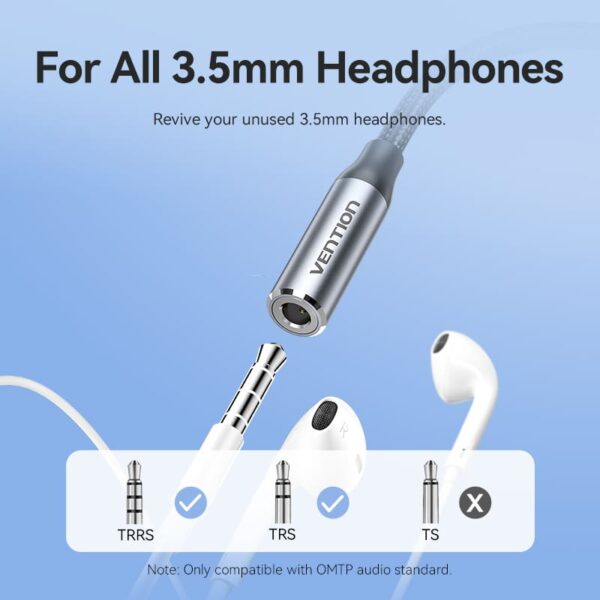 VENTION BMBHA Lightning to 3.5mm Audio Adapter (Gray) Cotton Braided, Aluminum Alloy - Image 7