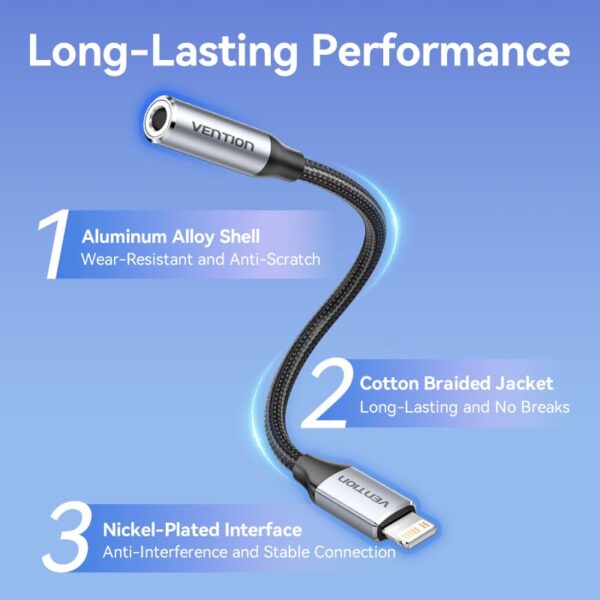 VENTION BMBHA Lightning to 3.5mm Audio Adapter (Gray) Cotton Braided, Aluminum Alloy - Image 10
