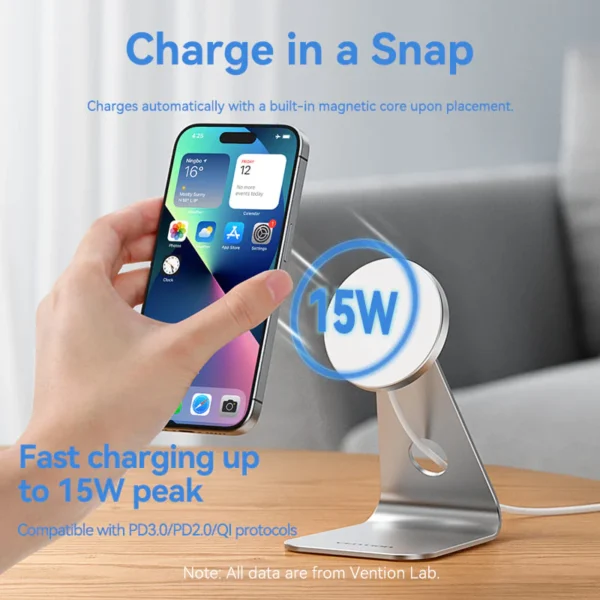 VENTION FGHIF 15W Magnetic Wireless Charger Stand (MagSafe) Aluminum Alloy Silver - Image 4