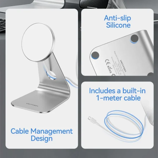 VENTION FGHIF 15W Magnetic Wireless Charger Stand (MagSafe) Aluminum Alloy Silver - Image 9
