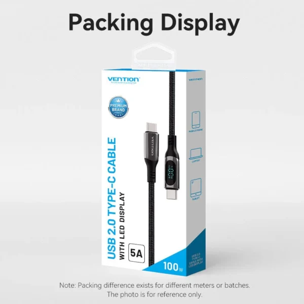 VENTION TAYBAV 100W 5A USB-C to USB-C Cable (1.2 Meter) Smart LED Power Display for iPhone 16/15 Series - Image 9