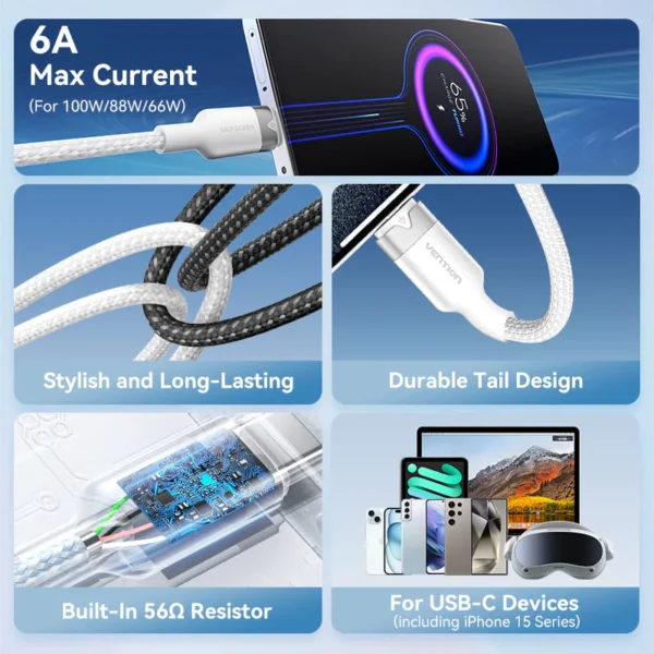 VENTION USB 2.0 A to C Cable 100W PD 6A Fast Charging Cable for iPhone 16/15 Series - Image 3