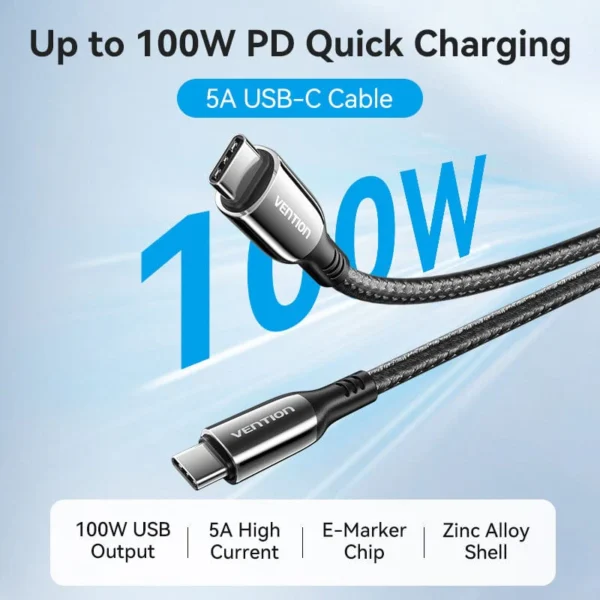 VENTION USB-C to USB-C Cable 100W 5A PD 3.0 Fast Charging Cable (E-Marker Chip) Nylon Braided for iPhone 16/15 Series - Image 2
