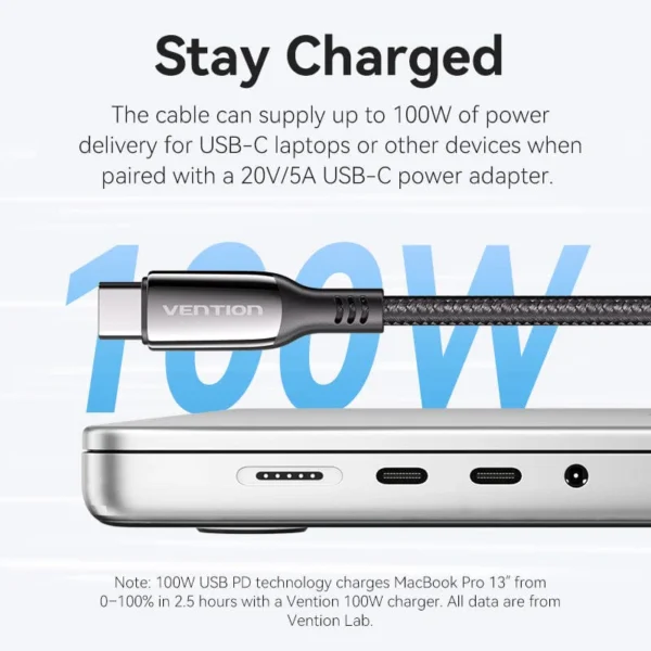 VENTION USB-C to USB-C Cable 100W 5A PD 3.0 Fast Charging Cable (E-Marker Chip) Nylon Braided for iPhone 16/15 Series - Image 3