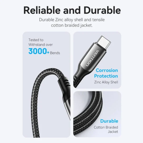 VENTION USB-C to USB-C Cable 100W 5A PD 3.0 Fast Charging Cable (E-Marker Chip) Nylon Braided for iPhone 16/15 Series - Image 8