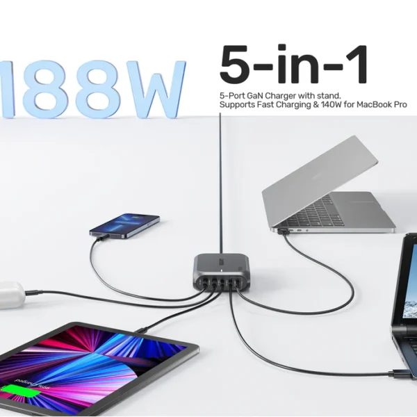 UNITEK 188W PD3.1 Desktop GaN Charging Station 5-Port Laptop & Phone Charger - Image 3