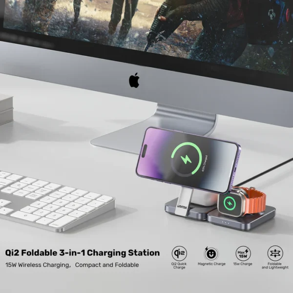 UNITEK Qi2 Foldable 3-in-1 Charging Station 15W MagSafe Wireless Charger - Image 2