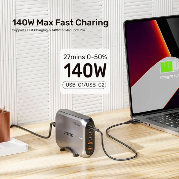 UNITEK 188W PD3.1 Desktop GaN Charging Station 5-Port Laptop & Phone Charger - Image 4