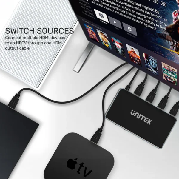 UNITEK 4K HDMI Switch 5 In 1 Out with IR Remote, Supports 4K@30Hz, HDR, 3D, Dolby - Image 5