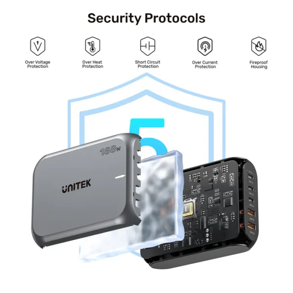 UNITEK 188W PD3.1 Desktop GaN Charging Station 5-Port Laptop & Phone Charger - Image 7