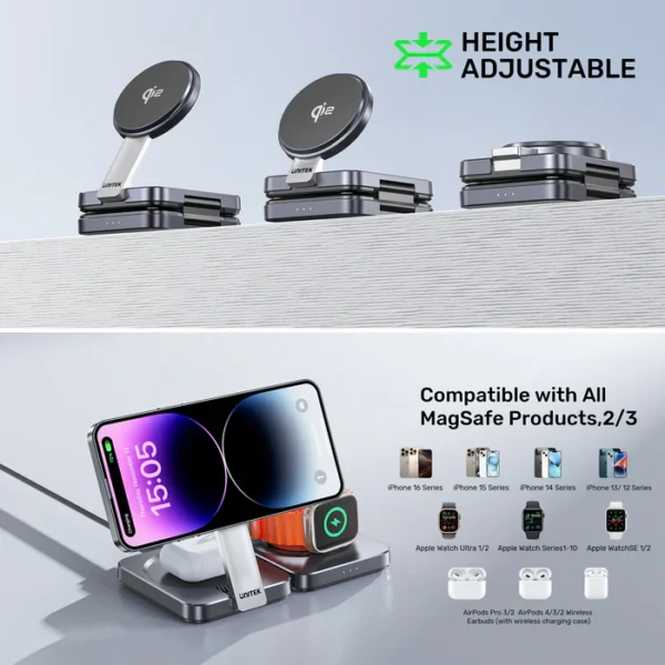 UNITEK Qi2 Foldable 3-in-1 Charging Station 15W MagSafe Wireless Charger - Image 4