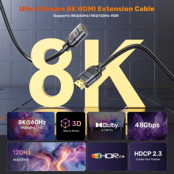 UNITEK Ultra Stream 8K HDMI Extension Cable (1 Meter) 8K@60Hz, 4K@120Hz - Image 2