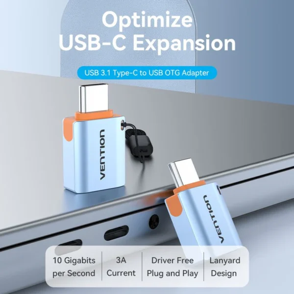 VENTION CUBH0 USB C 3.1 Male to USB 3.0 Female OTG Adapter (10Gbps, Aluminum Alloy with Lanyard) - Image 2