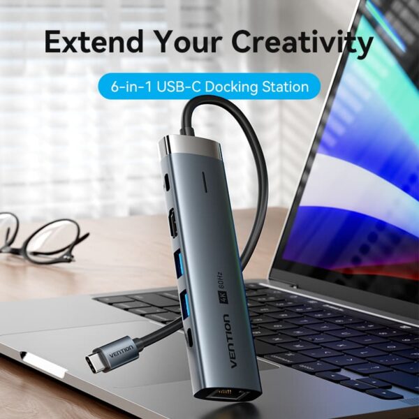 VENTION TGNHB 6-in-1 USB-C 3.2 Gen1 Docking Station (4K@60Hz, 100W PD, Gigabit Ethernet) - Image 2