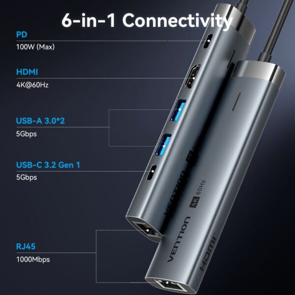 VENTION TGNHB 6-in-1 USB-C 3.2 Gen1 Docking Station (4K@60Hz, 100W PD, Gigabit Ethernet) - Image 3
