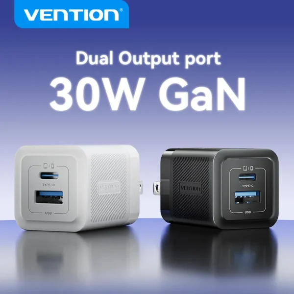 VENTION 30W GaN Dual Port Charger with 60W USB-C Cable PD3.0/PPS, Fast Charging for iPhone 16/15, Galaxy S24/S23 - Image 2