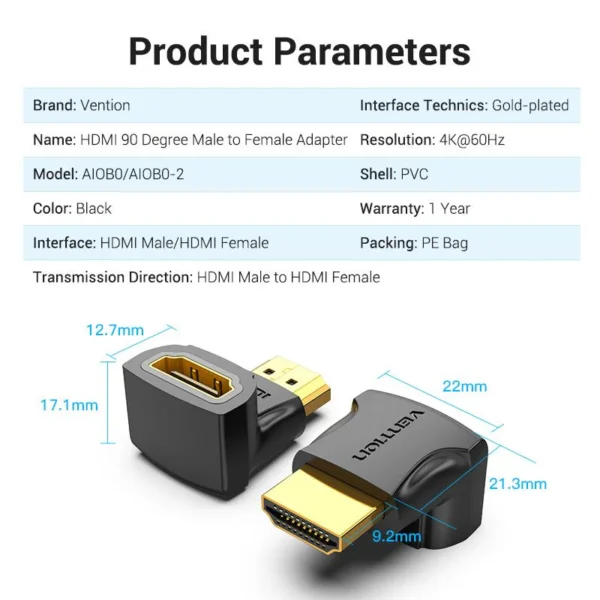 VENTION 4K@60Hz HDMI 90 Degree Male to Female Adapter Black – Gold-Plated Connector - Image 12