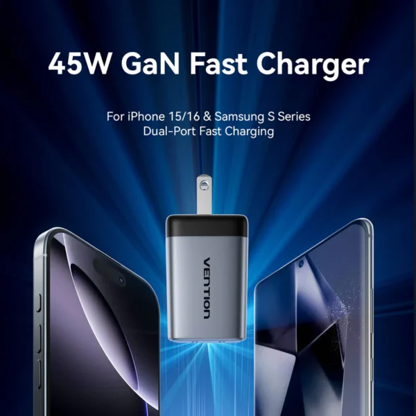 VENTION 45W Dual USB-C GaN V Fast Charger (US Plug) Overheat Protection for iPhone 15/16 - Image 3