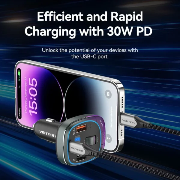 VENTION FFLB0 Bluetooth FM Transmitter 30W PD Fast Charging for Car - Image 4