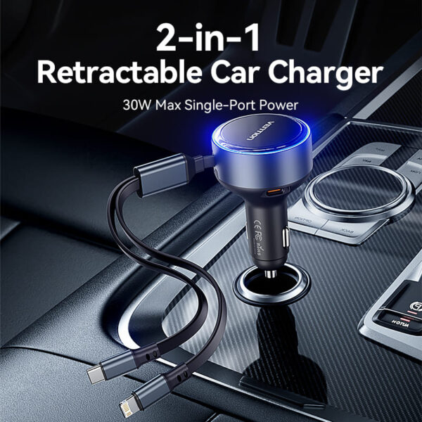 VENTION 30W PD Fast Car Charger with Built-In USB-C + Lightning Cables for iPhone 16/15/14 - Image 2
