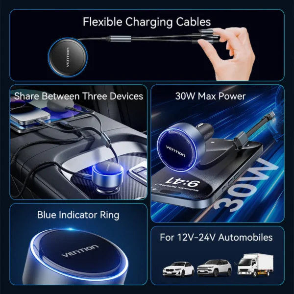 VENTION 30W PD Fast Car Charger with Built-In USB-C + Lightning Cables for iPhone 16/15/14 - Image 3