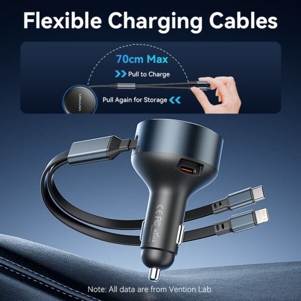 VENTION 30W PD Fast Car Charger with Built-In USB-C + Lightning Cables for iPhone 16/15/14 - Image 4