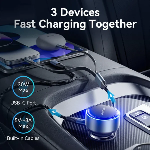 VENTION 30W PD Fast Car Charger with Built-In USB-C + Lightning Cables for iPhone 16/15/14 - Image 5