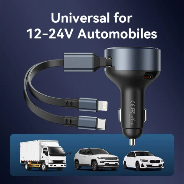 VENTION 30W PD Fast Car Charger with Built-In USB-C + Lightning Cables for iPhone 16/15/14 - Image 13