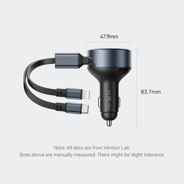 VENTION 30W PD Fast Car Charger with Built-In USB-C + Lightning Cables for iPhone 16/15/14 - Image 16