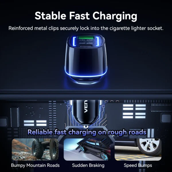 VENTION FFRB0 Car Charger 48W PD Fast Charging & QC3.0 Dual Port 6-Layer Safety Protection - Image 8