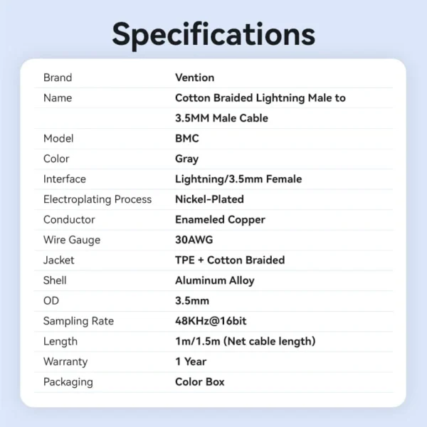 VENTION Lightning to 3.5mm Audio Cable MFi-Certified DAC Chip for iPhone 14/13/12/11/X/8/7 - Image 15