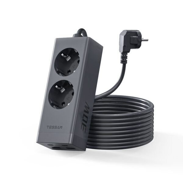 TESSAN 6-in-1 Surge Protected Power Strip with 2 AC Outlets & 4 USB Ports (2xUSB-C 30W + 2xUSB-A 30W) 2 Meter Extended Cable - Image 2