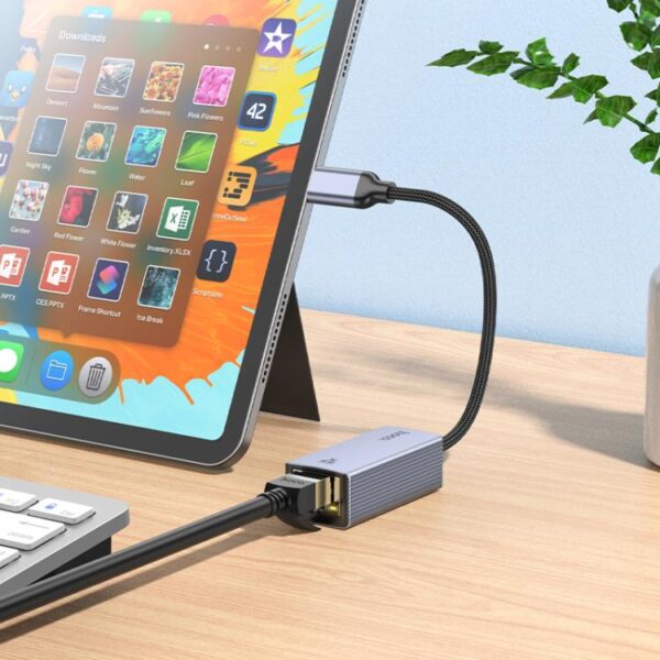 HOCO UA37 USB-C to RJ45 Gigabit Ethernet Adapter 1000Mbps Portable LAN Adapter (Gray) - Image 3