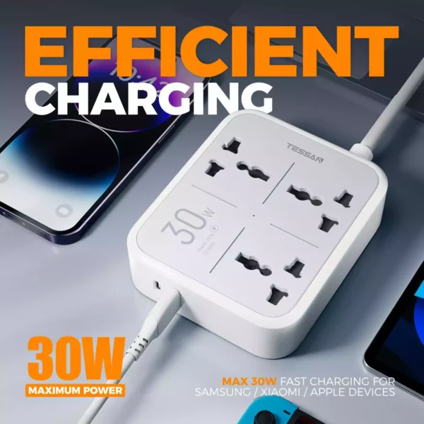 TESSAN Power Strip 3 Outlets USB-C 30W Fast Charging (3M Cable) EU Plug - Image 2
