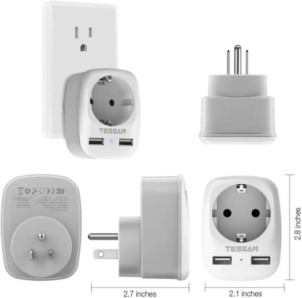 TESSAN TS-611-DE Europe to US Plug Adapter with 2 USB Ports & 1 AC Outlet - Image 2