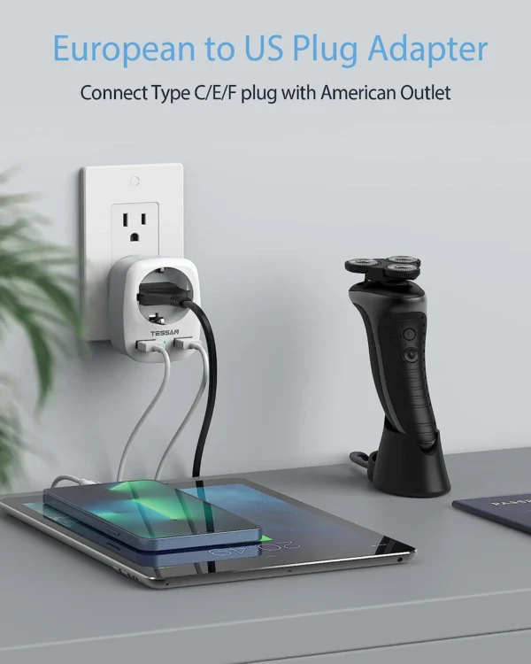 TESSAN TS-611-DE Europe to US Plug Adapter with 2 USB Ports & 1 AC Outlet - Image 3